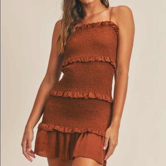 Brown Ruffle Smocked Mini Dress - Picture 4 of 4